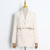 Solid Casual Two Piece Set For Women Lapel Collar Long Sleeve Pockets Blazer High Waist Slim Pants Female 2021