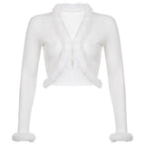 Ribbed Split Lace Up White Long Sleeve Cropped Tshirt Top Autumn Sexy Casual V Neck Tee Shirt Women