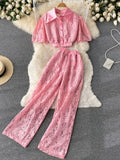 Women Lace Two Piece Set Spring Summer Elegant Turn-Down Collar Single Breasted Short Tops + High Waist Wide Leg Pants Suits