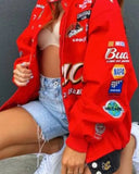 Casual Print Red Long Lseeve Loose Oversize