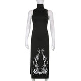 Black Off Shoulder Turtleneck Bodycon Goth Dress Dark Academic Aesthetic Girl Clothes High Split Sexy Party
