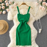 Knit Solid Women Summer Dress 2022 Slim Vacation Elegant Temperament Chic Backless Ladies A Line Midi