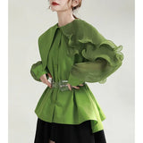 Women Green Pleated Belted Big Size Blouse New Lapel Long Sleeve Loose Fit Shirt Fashion Tide Spring Autumn 2023