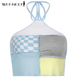 Cute Patchwork T-Shirt Two Piece Women Long Sleeve Transparent Tee And Tie Up Halter Cropped Tops Summer Kawaii