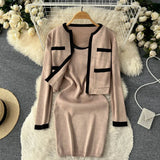 2022 Autumn OL Knitted Sets Pocket Long Sleeve Cardigan+ Midi Long Tank Top Knit Dress Ladies Sweater Two Pieces