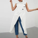 2022 Summer Sexy Asymmetrical Long Shirts Women Sleeveless Buttons Thin Tops Casual Loose Split Hem Chic Blusas