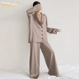 Causal Loose Home Suit Autumn Long Sleeve Shirts With High Wasit Pants Set Women Elegant Black Satin 2 Piece Pants