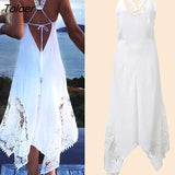 Women Lace Patchwork Sleeveless Backless Dress Summer Sexy Strapless Lace-Up Beach Dress Beachwear Women Lace