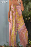 2023 Spaghetti Straps Backless Print Tie Big Wide Leg Pants Women Summer Overalls Jumpsuit Beach Rompers