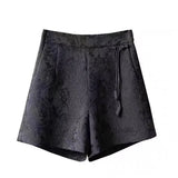 Chinese Style Retro Jacquard High Waist Black Wide Leg Skinny Shorts Women's Large Size New A-Shaped Pants In Spring And Summer-Outfit