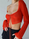 2023 Sexy Y2K Women Mesh Sheer T-shirts Exposed Navel Crop Tops Long Sleeve Square Neck Tie-Up See Through T-shirts-Outfit