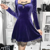 Cross Sexy Purple Dress Vintage Velvet A Line Lolita Dress Aesthetic Gothic High Waist Ladies Club Party