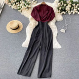 Office Lady Notched Collar Patchwork Romper Women Elegant Short Sleeve High Waist Wide Leg Playsuits Female Summer OL