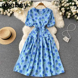 Sweet Floral Dresses Women V Neck Puff Sleeve Print Boho Beach Dress Summer Bohemian Print A-line Midi Dress