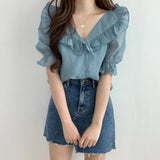 Chic Summer New Lotus Leaf Collar Age Sweet Elegant Temperament Bubble Sleeve Top Chiffon