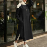 ZANZEA 2022 Kaftan Muslim Maxi Dress Women's Islamic Sundress Long Sleeve Vestidos Female Casual Solid Robe
