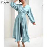 Satin Blue Elegant Dresses For Women A-Line Wrap Party Belt Lace Up Robes Femme Silky Autumn Pleated Romantic Midi
