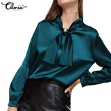 Women Elegant Satin Blouse 2022 Fashion Bow Tie Office Tops Long Sleeve Casual Autumn Slik Shirts Oversized Party