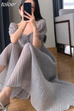 Puff Sleeve Long Dresses for Women Party Korea Fashion Slim Folds Square Collar Streetwear Bodycon Dress Elegant