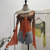 Hottie Sexy Leopard Print Mesh Fake Two Strap Long-Sleeved Top Short Slanted Shoulder T-Shirt