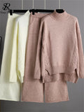 Winter Knitted Two Pieces Suits Turtleneck Loose Knit Top+ Wide Led Long Pants Women Thick Casual Sweater