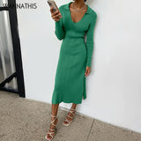 Turn Down Collar Long Sleeve Midi Knitted Dress High Split Autumn 2021 Chic Knitwear Elegant Female Aesthetic