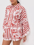 Women's Home Shorts Print Cardigan Nine-Sleeve Loose Bat Sleeve Shirt