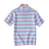 New Arrival Summer Women T Shirt Korean Colorful Striped Crop Top Tee Harajuku Streetwear Stand Collar T Shirts