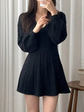 Color Cute V-Neck Cable Knit Long Sleeve Mini