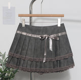 Vintage College Wind Bow Lace 100-Fold Short Skirt High Waist Anti-Walking Pu Skin Skirt