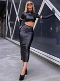 Summer Sexy Solid Faux Leather Crop Top And Long Skirt Sets Club Outfit For Women 2023 Black PU 2 Two Piece Sets