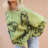 O-Neck Long Sleeve Women's Oversize Sweater Solid Dinosaur Printed Y2k Knitted Sweater Loose Casual Oversized Knitted