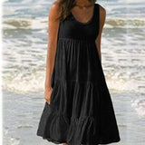 Casual Sleeveless O Neck Ruffles Mini Dress Elegant Solid Beach Dress Oversized Loose Dress 2021 Summer