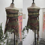 And Spicy Shoulder Dyed Printing Mesh Long-Sleeved Coat Folds Irregular Ribbon T-Shirt
