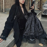 Goth High Waist Flared Pants Aesthetic Sexy Lace Patchwork Women's Pants Vintage Elegant Velvet Christmas Trousers-Outfit