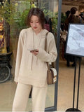 Autumn Winter Women Knitted Sets Loose Solid Hooded Sweater + Straight Wide Leg Pants Suits Lady Chic Warm Lounge Wears