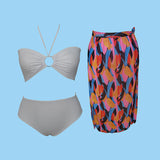 2025 New Swimsuit Women's Swimsuit Solid Color Bare Back Three-Piece Bikini Print Sexy Lady