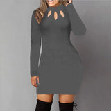 Bodycon Dress Women Long Sleeve Solid Color Dresses Spring Autumn Sexy Hollow Out Round Neck Black Mini Dress Cotton S M L
