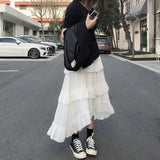 Black Long Skirts Women Gothic High Low Ruched Ruffle High Waist Asymmetrical Midi Skirt Korean Fashion Fairy