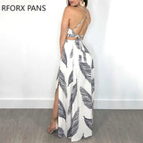 Women Leaf Print Backless Two Pieces Dress Cami Top & Split Maxi Set Dress-Outfit