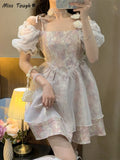 Princess Sweet Dress Women Summer Elegant Print Mini Dresses Casual High Waist Puff Sleeve Korean Fashion Dress 2022