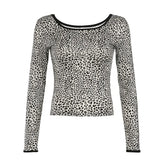 Hot Girls Leopard Print Long-Sleeved T-Shirt Autumn Sweet Big Round Collar Slim Bottomed Blouse-Outfit
