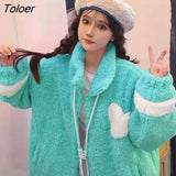 Stand Collar Lambswool Jackets Women Streetwear Drawstring Cotton Padded Coat Woman Zipper Up Warm Winter Jacket