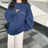 Women Letter Sweatshirts Embroidery Design Ins Long Sleeve Round Neck Basic Hoodies Student Casual Korean Chic Sweatshirt
