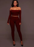 Ribbed Basic Off Shoulder Crop Top and Pants 2pc