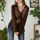 Texture Fabric Vintage Brown Lace Loose Leisure Butterfly Cardigan Jacket Early Autumn 2023-Outfit