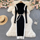 Panelled Sweater Dress 2022 Women Stand Neck Long Sleeve Senior Fashion Pearl Belt Slim Party Midi Long Knitte