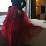 Casual Long Mesh Skirts Women Elastic High Waist Ruffled Tiered Tulle Pleated Maxi Skirts Faldas Mujer Moda Fairy