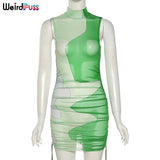 Puss Cyber Y2K Mesh Sexy Women Party Dress Fashion Patchwork Bodycon Skinny Sleeveless Side Drawstring Lace Up