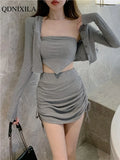 Summer Women Skirt Suits Fashion Elegant Thin Cardigan Hoodie Jacket with Tube Top Triangle Vest Short Skirt 3 Piece